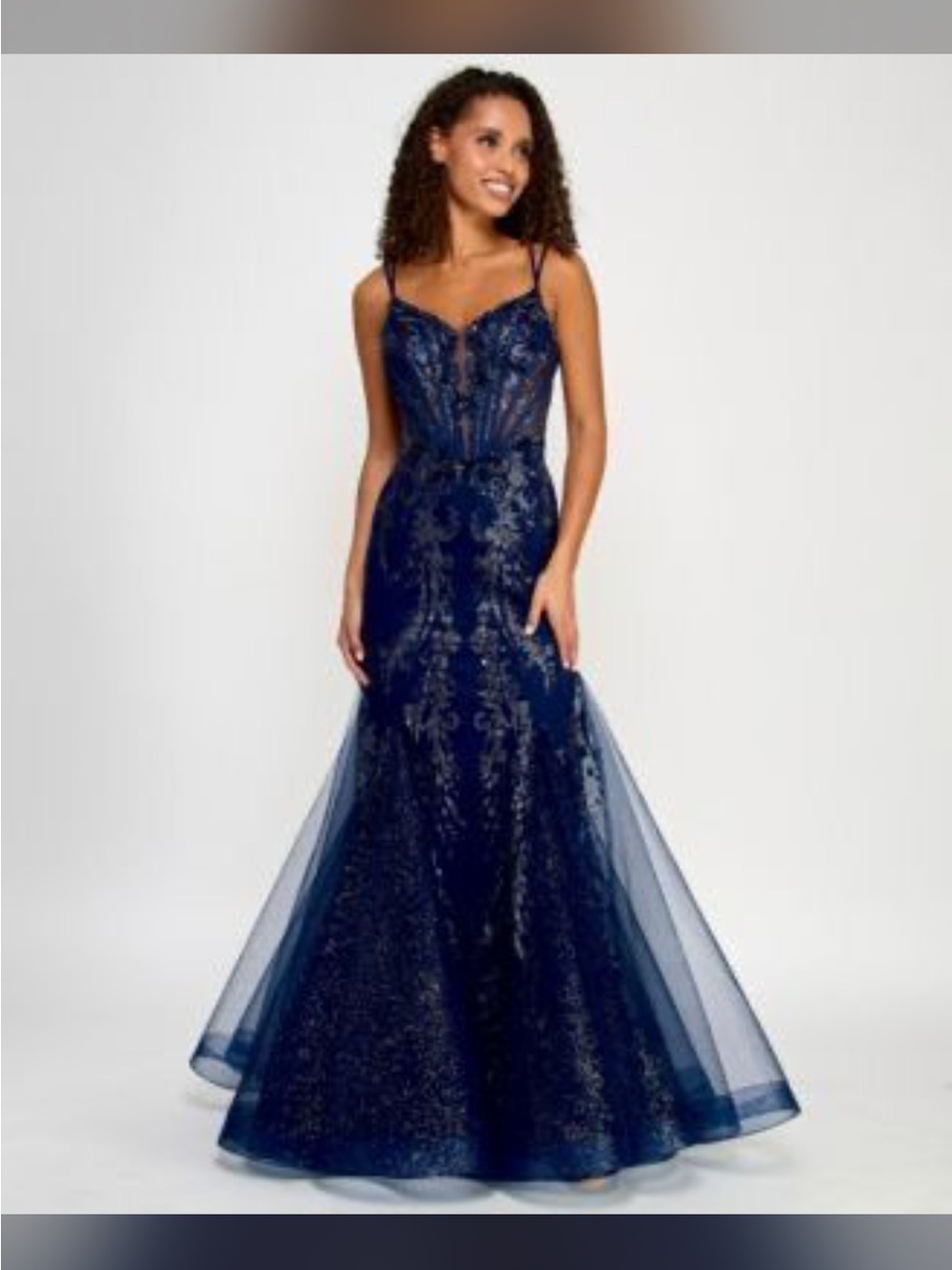 Navy Beaded Mermaid Evening Dress - Spaghetti Strap